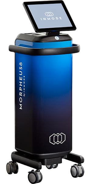 InMode Morpheus8ゴールドマイクロニードルラジオ波機器の画像。マイクロニードルとラジオ波技術を組み合わせて、深層の皮膚を再形成します。
